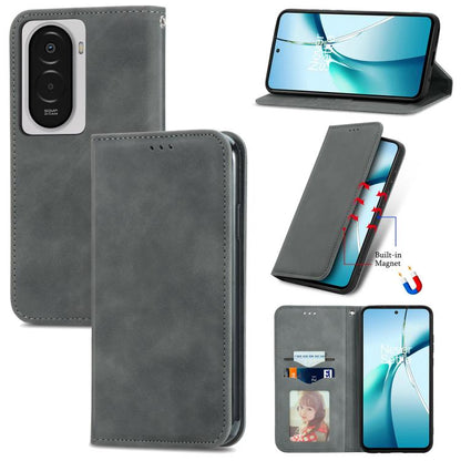 Gray magnetic flip leather phone case with card slot and camera cutout