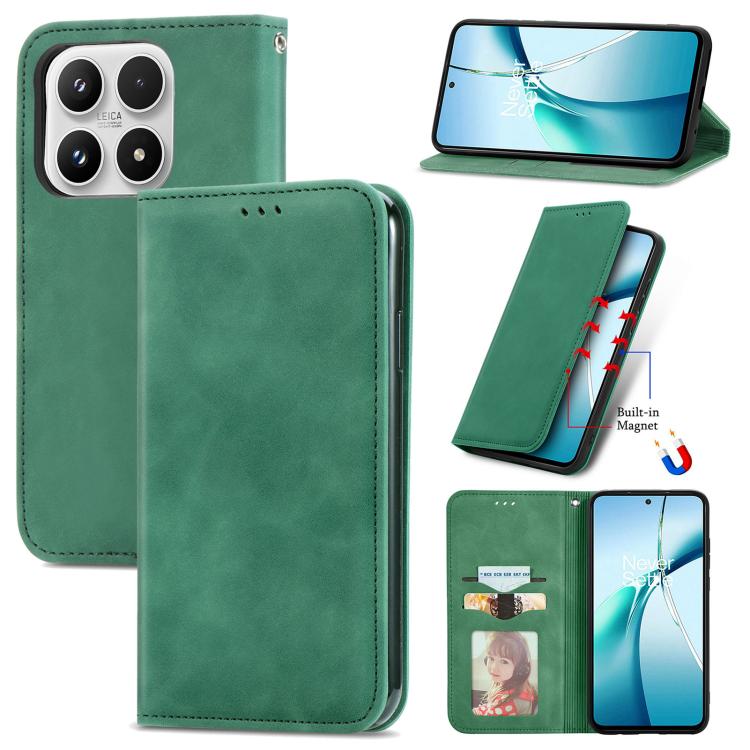Green magnetic flip phone case with faux leather look, stand cover, and camera cutouts