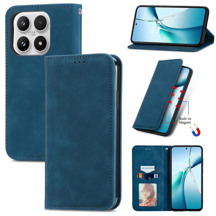 Blue magnetic flip phone case with faux leather texture, stand cover, and camera cutouts