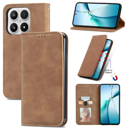 Brown magnetic flip phone case with faux leather finish, stand cover, and camera cutouts