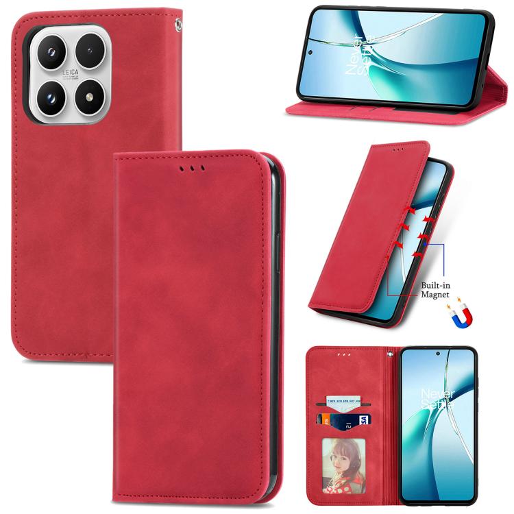Red magnetic flip phone case with faux leather texture, stand cover, and camera cutouts
