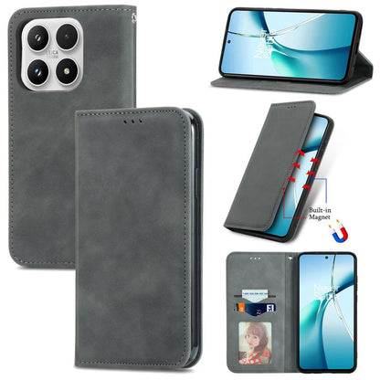 Gray magnetic flip phone case with faux leather texture, stand cover, and camera cutouts