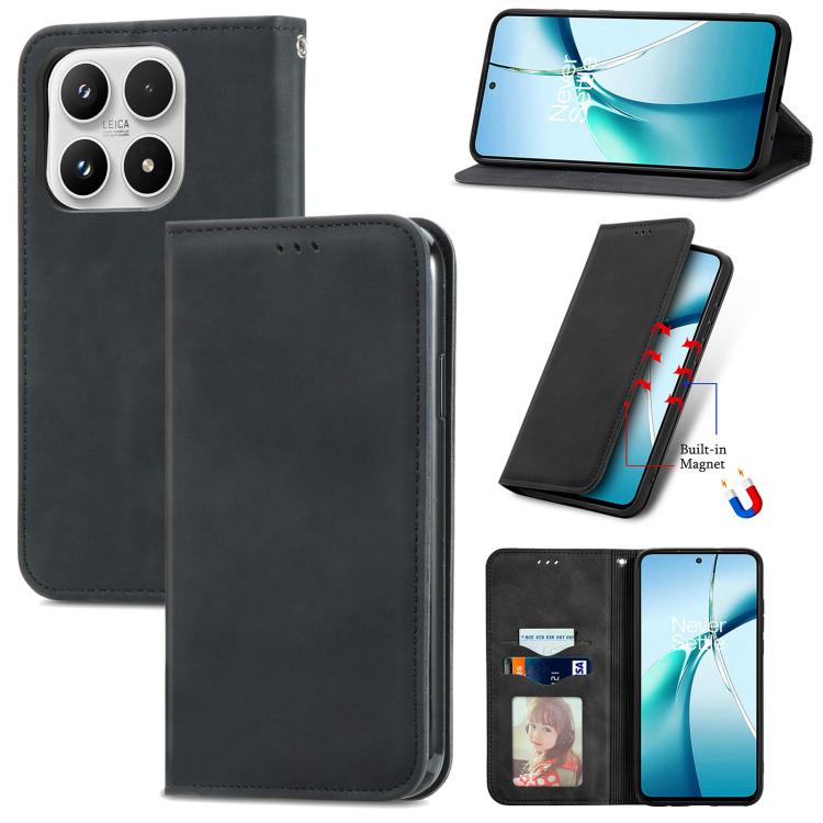 Black magnetic flip phone case with faux leather texture and built-in stand for viewing