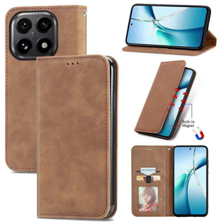 Brown magnetic flip leather phone case with card slot, fold cover, and camera cutouts