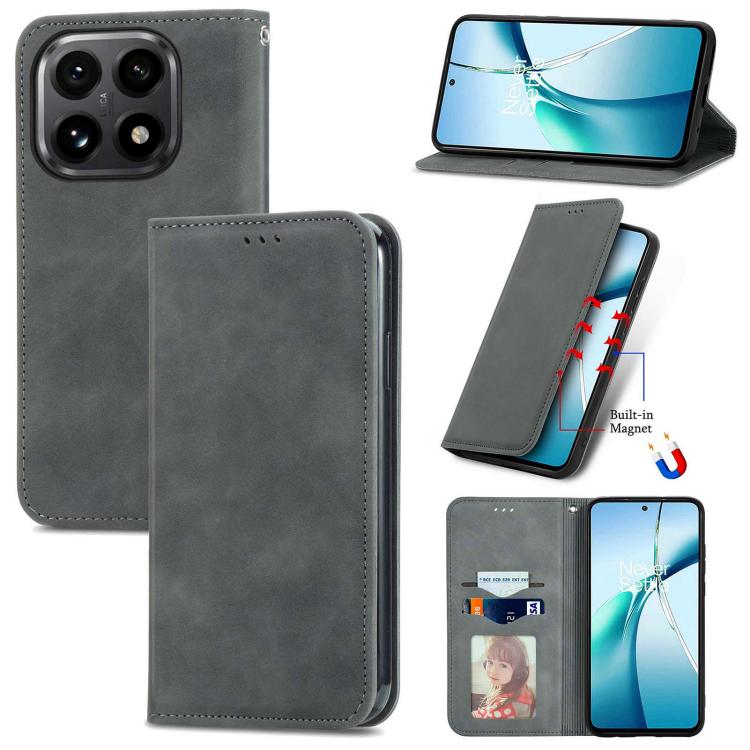 Gray magnetic flip leather phone case with card slot, fold cover, and camera cutouts
