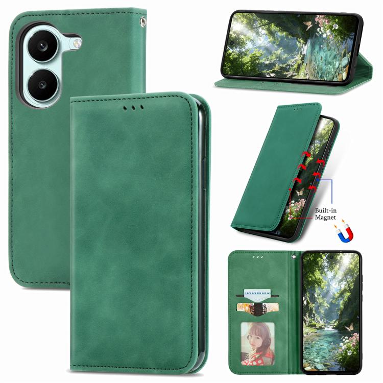 Green magnetic flip leather phone case for smartphone, magnetic closure and kickstand stand.