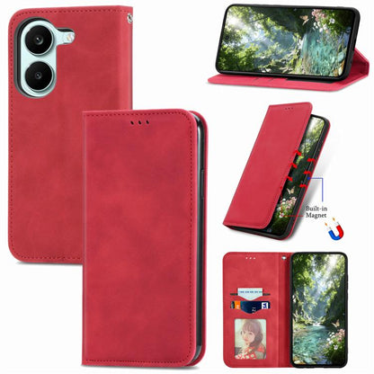 Red magnetic flip leather phone case for smartphone, magnetic closure and kickstand stand.