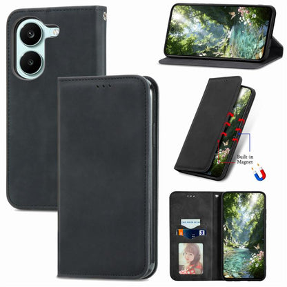 Black magnetic flip leather phone case for smartphone, magnetic closure and cutouts.