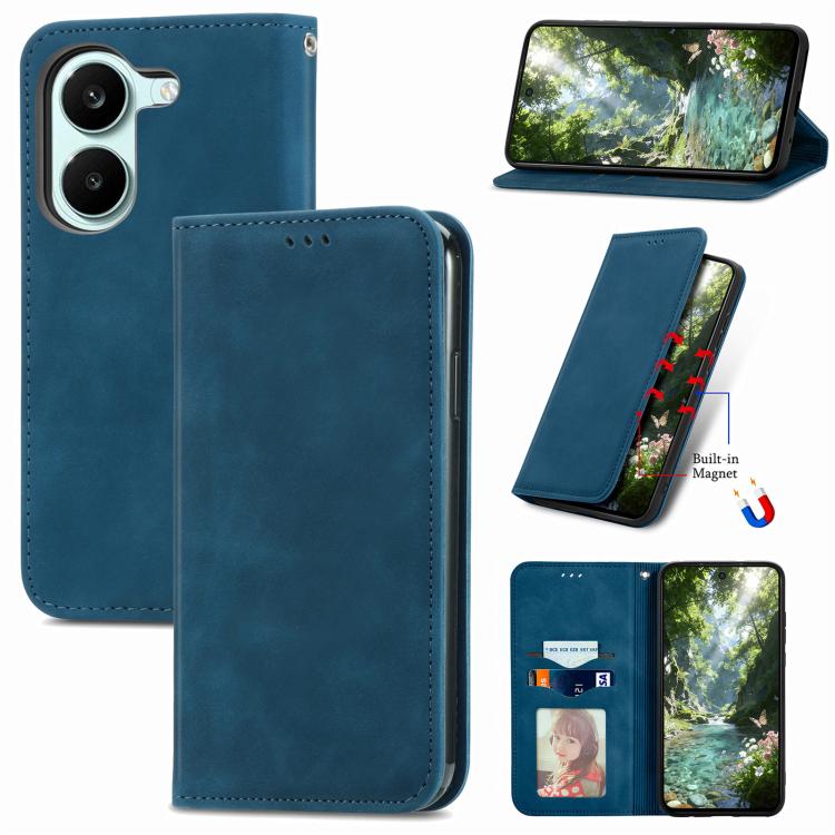 Magnetic flip leather phone case in blue, with kickstand view and cutouts.