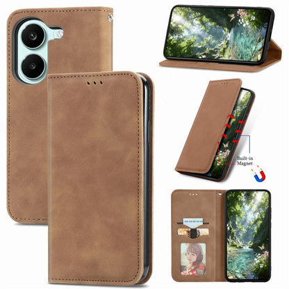 Magnetic flip leather phone case in brown, with kickstand view and cutouts.