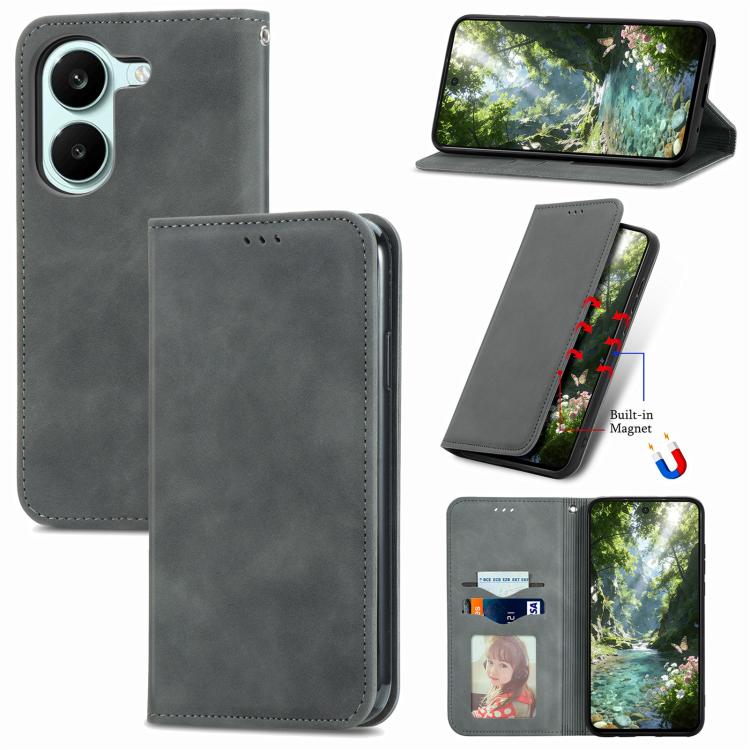 Magnetic flip leather phone case in gray, with kickstand view and cutouts.