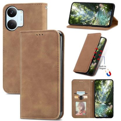 Magnetic flip leather phone case in brown, with kickstand view and cutouts.