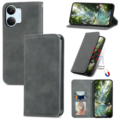 Gray magnetic flip leather phone case for smartphone, with magnetic closure and cutouts.