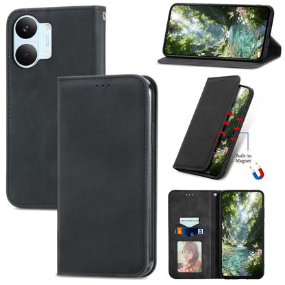 Dark gray magnetic flip leather phone case for smartphone, magnetic closure and cutouts.