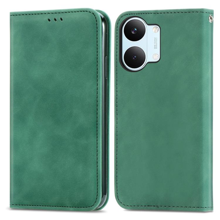 Green magnetic flip leather phone case, close-up of back cameras and folded cover
