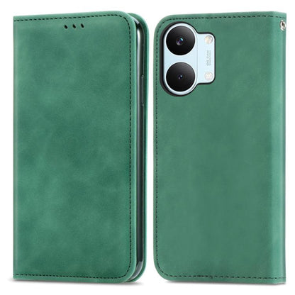 Green magnetic flip leather phone case, close-up of back cameras and folded cover