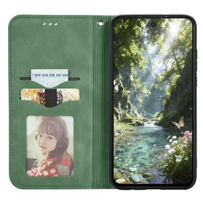 Green magnetic flip leather phone case with card slots and landscape viewing cover