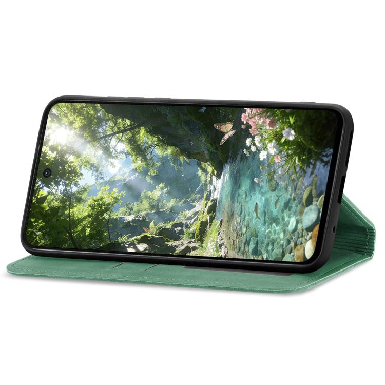 Green magnetic flip leather phone case used as a stand for landscape viewing