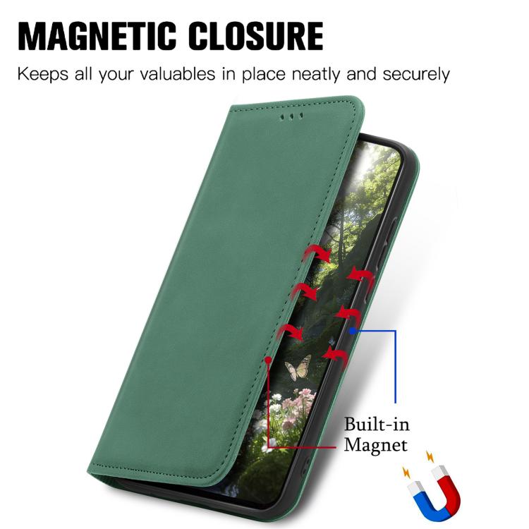 Green magnetic flip leather phone case with magnetic closure for secure locking