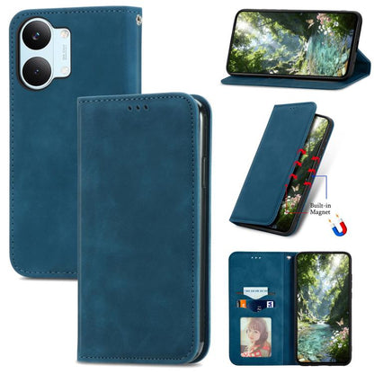 Blue magnetic flip leather phone case with stitched edges and camera cutout