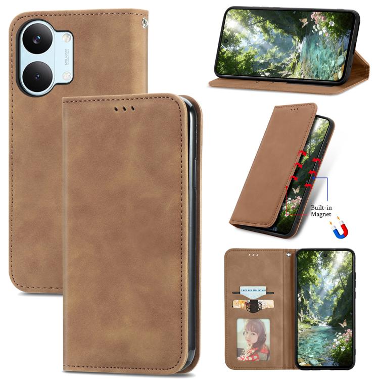 Brown magnetic flip leather phone case with card slots and camera cutout