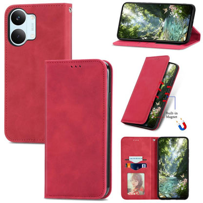 Red magnetic flip leather phone case with stitched edges and secure magnetic closure
