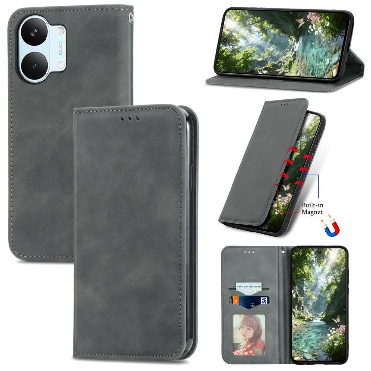 Gray magnetic flip leather phone case with camera cutout and flip cover