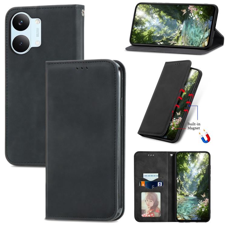 Magnetic flip leather phone case in dark gray, with kickstand view and cutouts.