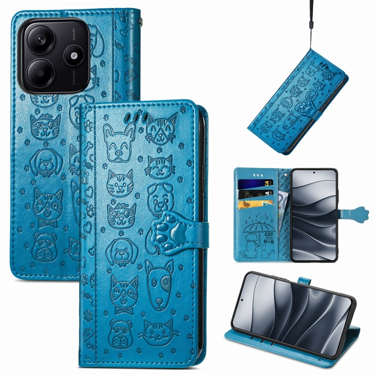Blue embossed cat/dog leather wallet phone case, flip cover, card slots