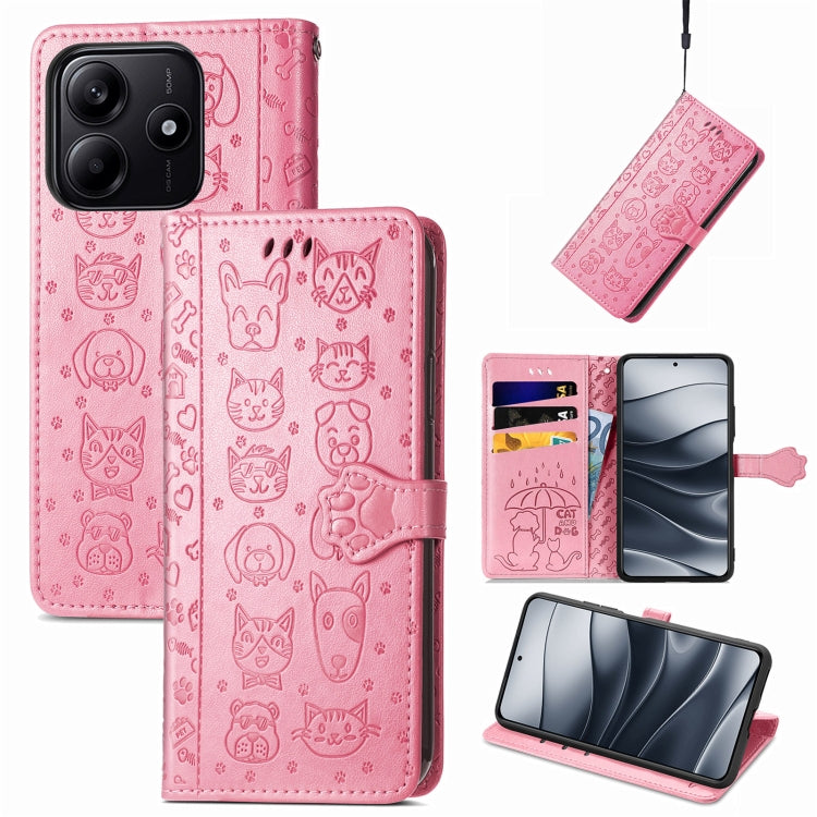 Pink embossed cat-and-dog leather phone wallet case, flip cover and card slots