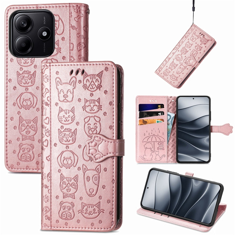 Pink embossed cat-and-dog leather phone wallet case with flip cover