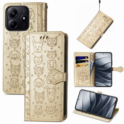 Beige embossed cat-and-dog leather phone wallet case, flip cover and card slots