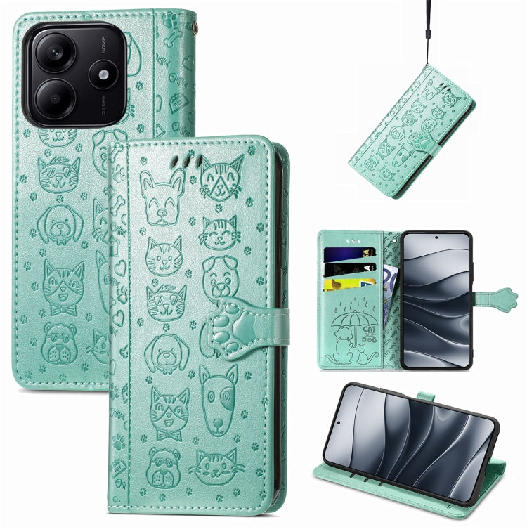 Teal embossed cat-and-dog leather phone wallet case with flip cover and card slots