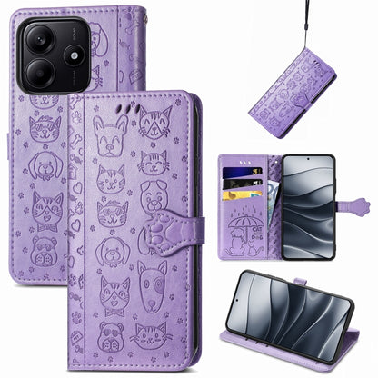 Purple embossed cat-and-dog leather phone wallet case with flip cover and card slots