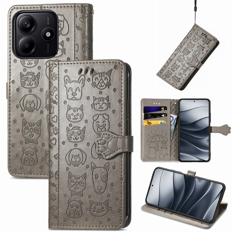 Gray embossed cat-and-dog leather phone wallet case with flip cover and card slots