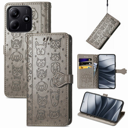 Gray embossed cat-and-dog leather phone wallet case with flip cover and card slots