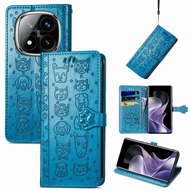 Blue embossed leather phone case with cat and dog doodle pattern and flip cover