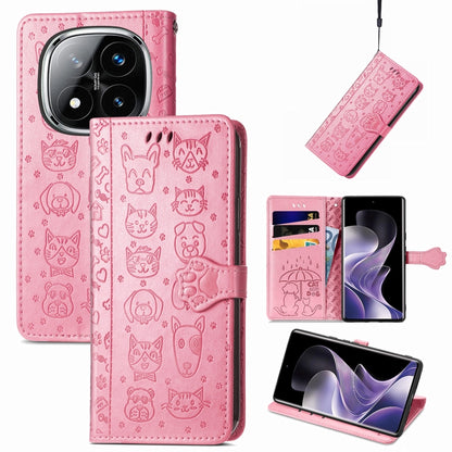 Pink embossed leather phone case with cat and dog doodle pattern and flip cover
