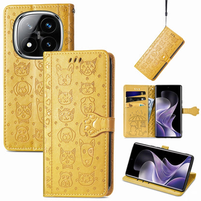 Yellow-gold embossed leather phone case with cat and dog doodle pattern and flip cover