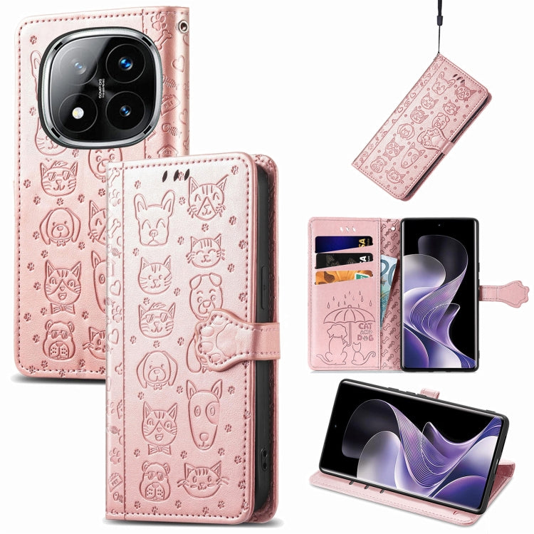 Pink embossed leather phone case with cat and dog doodle pattern and flip cover