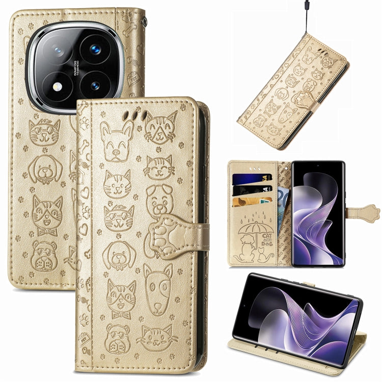 Gold embossed leather phone case with cat and dog doodle pattern and flip cover