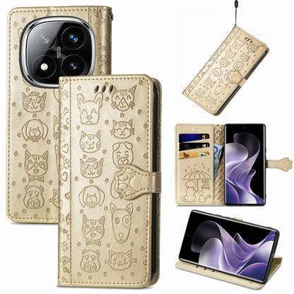 Gold embossed leather phone case with cat and dog doodle pattern and flip cover