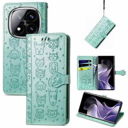 Teal cat-and-dog embossed leather folio phone case with magnetic strap