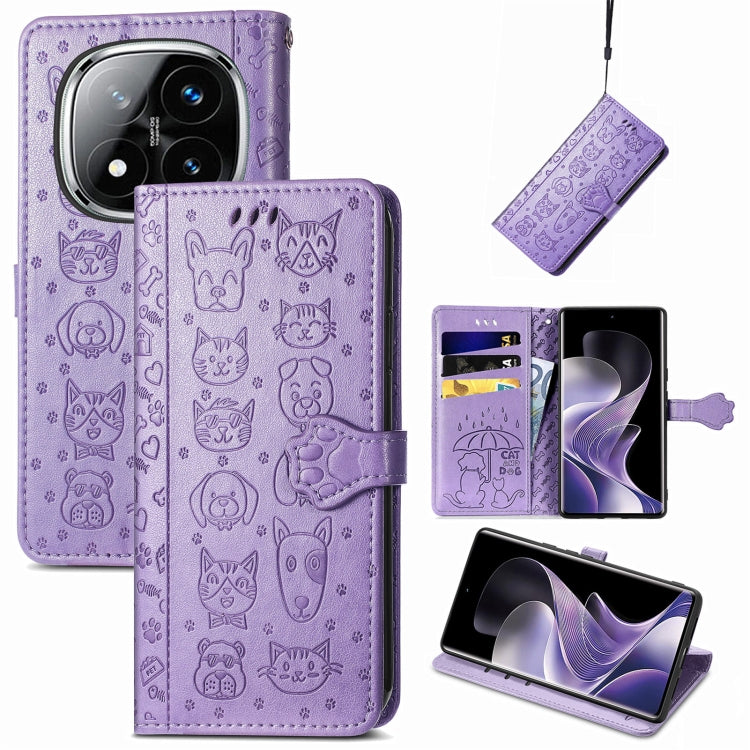 Purple cat-and-dog embossed leather folio phone case with magnetic strap