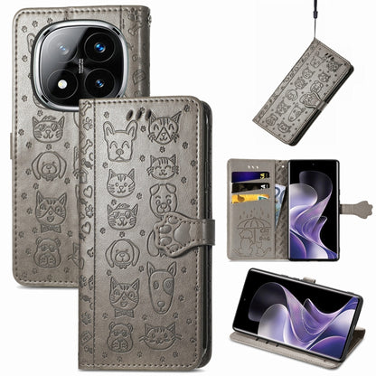 Gray cat-and-dog embossed leather folio phone case with magnetic strap