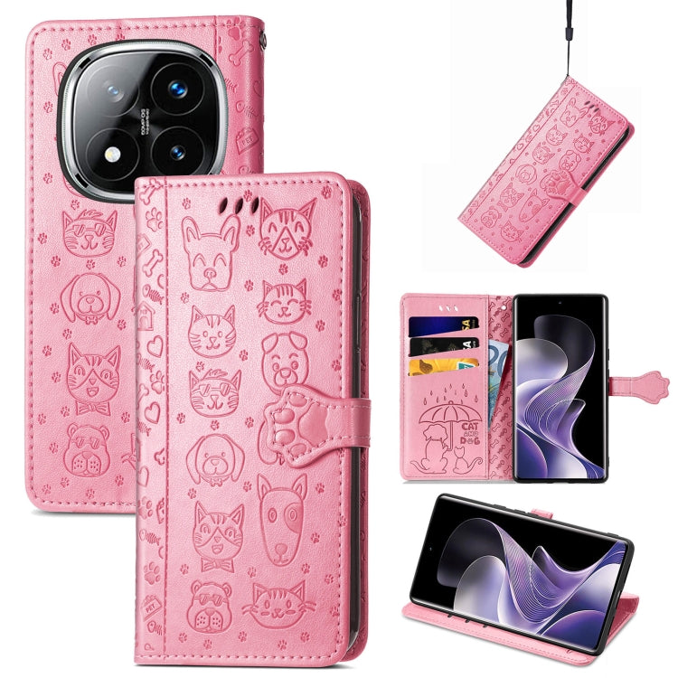 Pink embossed cat-and-dog leather phone wallet case with flip cover