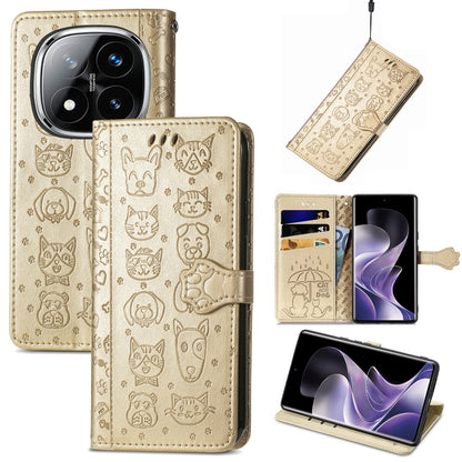 Gold embossed leather phone case with cat and dog doodle pattern and flip cover