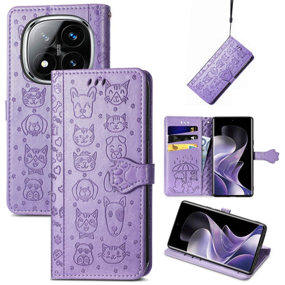 Purple embossed leather phone case with cat and dog doodle pattern and flip cover
