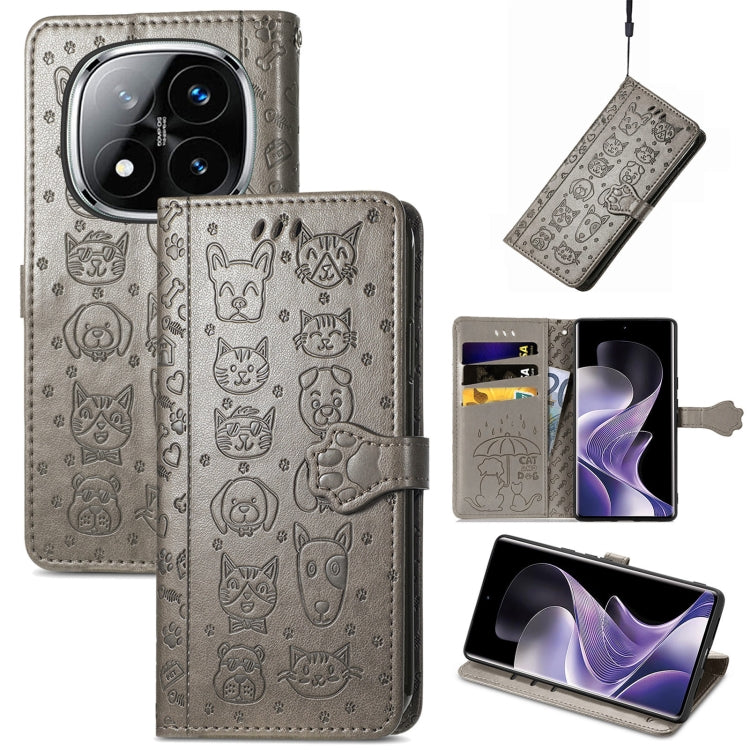 Gray embossed leather phone case with cat and dog doodle pattern and flip cover