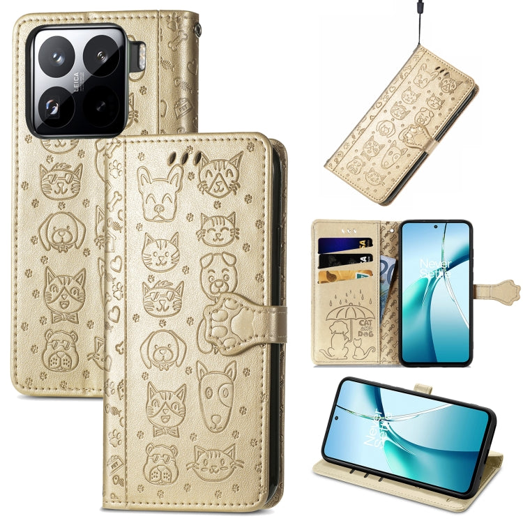 Beige embossed cat/dog leather wallet phone case, flip cover, card slots